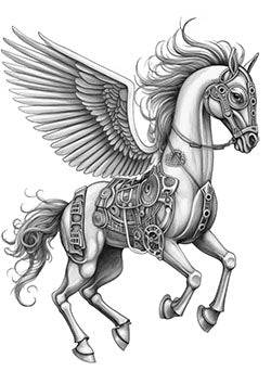 Tattoo template of a mechanical Pegasus with wings and intricate gears