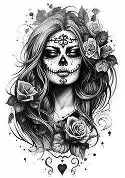 Tattoo template of a woman with sugar skull makeup and roses, evoking gothic beauty and intricate allure