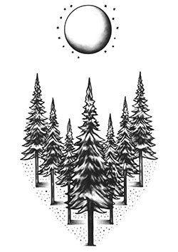 Tattoo template of a moonlit pine forest with stars