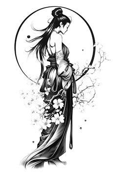 Tattoo template of a traditional woman with cherry blossoms