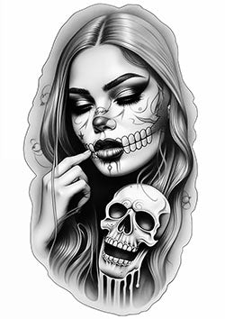 Tattoo template of a woman with a merged skeletal face and a skull juxtaposing life and death