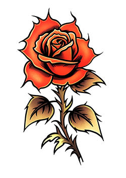 Tattoo template of a red rose in full bloom with sharp thorns and lush leaves