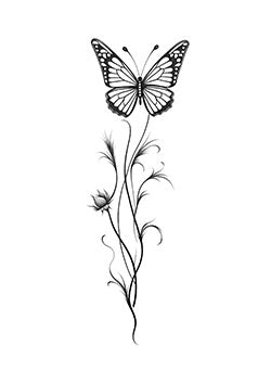 Tattoo template of a butterfly on a floral stem