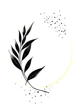 Tattoo template of a stylized leaf with ink splatter and a golden arc