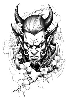 Tattoo template of a Japanese Oni mask with sakura flowers