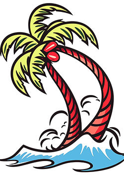 Tattoo template of a vibrant palm tree duo swaying on an island with crashing waves