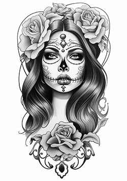 Tattoo template of a woman with Day of the Dead face paint and roses