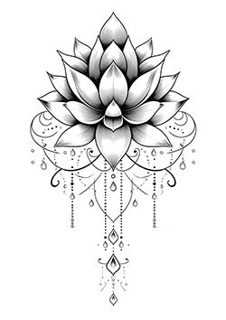 Tattoo template of a lotus flower with geometric patterns and drops.