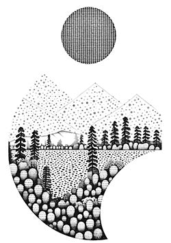 Tattoo template of a dotted landscape with mountains and moon