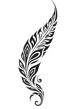 Tattoo template of a detailed feather with flowing intricate patterns