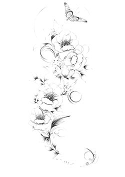 Tattoo template of a blooming floral vine with a butterfly atop it, signifying beauty and transformation.