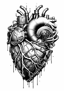 Tattoo template of a mechanical heart with dripping details