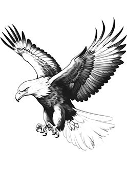 Tattoo template of a majestic bald eagle in mid-flight displaying powerful wings and sharp talons