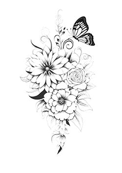 Tattoo template of a floral design with large blossoms and a butterfly