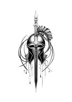 Tattoo template of a stylized Spartan helmet with dripping ink elements