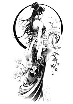 Tattoo template of a geisha with cherry blossoms