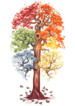 Tattoo template of a colorful tree depicting all four seasons