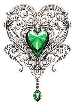 Tattoo template of a heart-shaped green gemstone in silver filigree setting