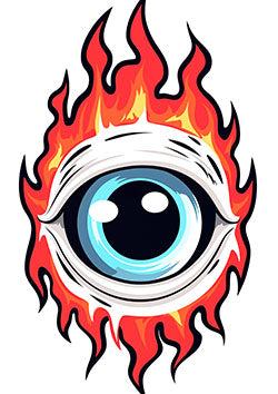 Tattoo template of a blue eye surrounded by flames, evoking an intense and mystical gaze