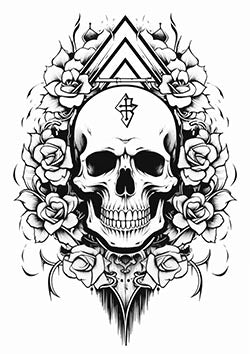 Tattoo template of a skull with roses and geometric patterns