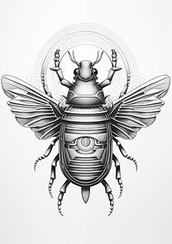 Tattoo template of a biomechanical scarab beetle with a detailed design and central eye