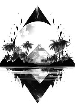 Tattoo template of a mirrored tropical landscape with geometric fragmentation