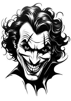 Tattoo template of a sinister, grinning figure with wild hair and exaggerated, sharp facial features.