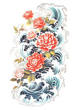 Tattoo template of peony flowers with ocean waves