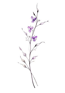 Tattoo template of a delicate violet flower branch with soft leaves