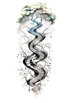 Tattoo template of a DNA helix turning into a ladder leading to a tree canopy