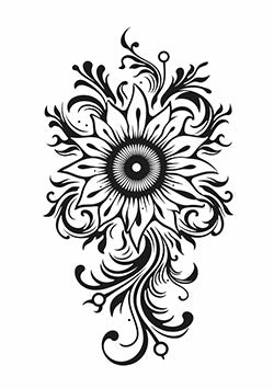 Tattoo template of a stylized ornate sunflower with swirls