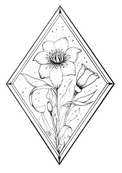 Tattoo template of a detailed lily and bud in a geometric diamond shape