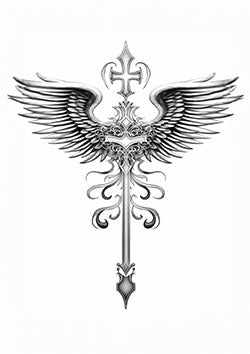 Tattoo template of a detailed ornate sword with angel wings and an intricate cross