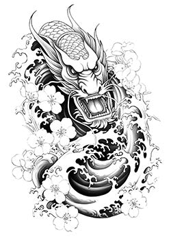 Tattoo template of a dragon with cherry blossoms