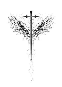 Tattoo template of a cross with angel wings symbolizing divine protection and spiritual strength