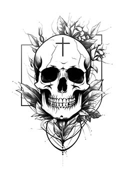 Tattoo template of a skull with blooming flowers signifying life and death contrast