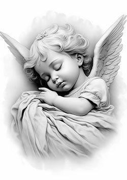 Tattoo template of a peaceful angelic child with wings