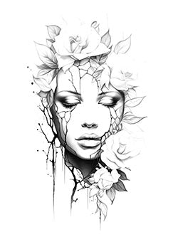 Tattoo template of a woman's face with roses and cracks symbolizing fragility and beauty