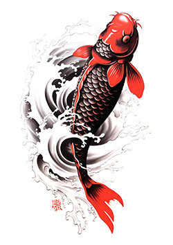 Tattoo template of a red koi fish in water with waves