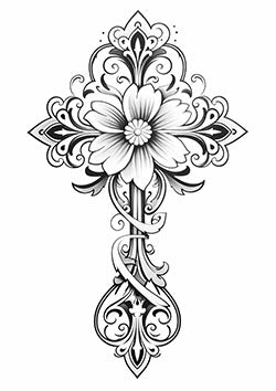 Tattoo template of a symmetric floral cross with filigree details