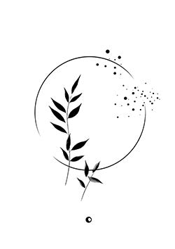 Tattoo template of a minimalist botanical design with leaves and dots