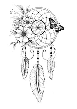 Tattoo template of a dreamcatcher with flowers, feathers, and a butterfly symbolizing serenity