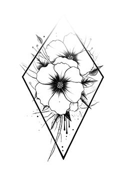 Tattoo template of a geometric floral design with hibiscus flowers.