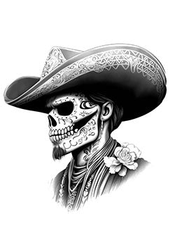 Tattoo template of a Day of the Dead skull with a cowboy hat and rose