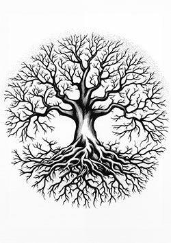 Tattoo template of a tree with detailed roots and branches, representing growth and strength