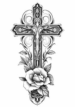 Tattoo template of an ornate cross intertwined with roses