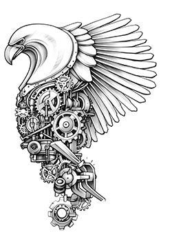 Tattoo template of a futuristic falcon merged with mechanical gears and wings