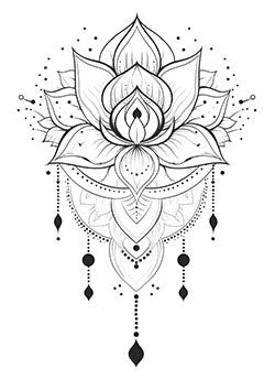 Tattoo template of a lotus flower with geometric patterns and hanging beads.