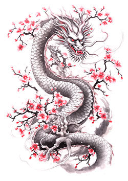 Tattoo template of a dragon with cherry blossoms