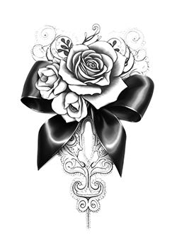 Tattoo template of a rose bouquet with a black ribbon and intricate swirling patterns in black and white.